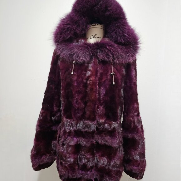 New Real Mink Fur Coat Blazer Jacket Purple Eggplant Plum Wine Red Fox Hooded - Picture 1 of 6